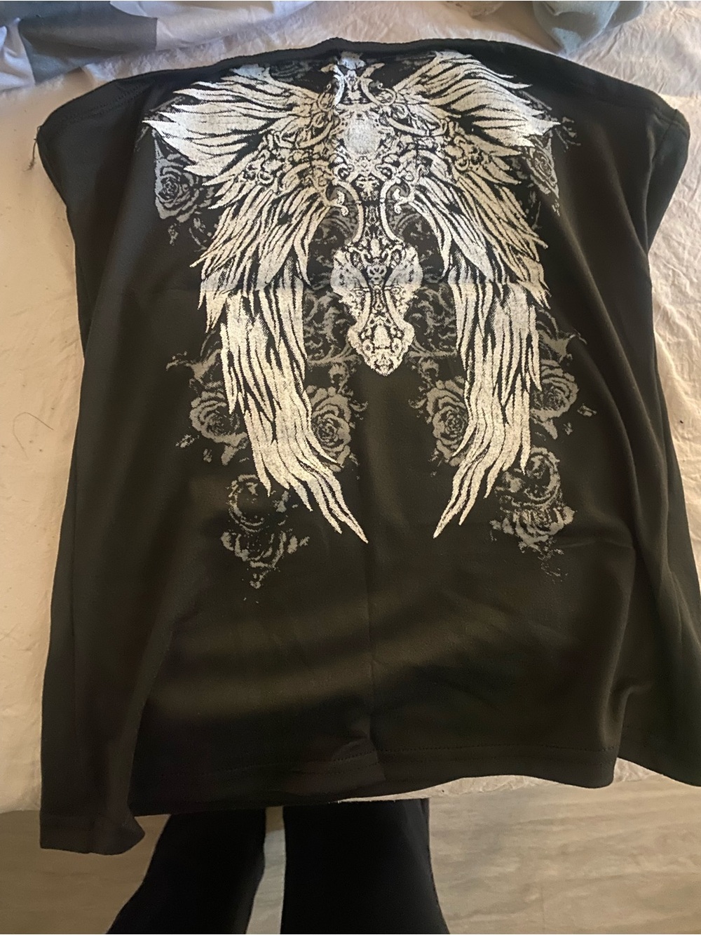 SHEIN Black Short-Sleeve Tee with White Angel Wing Back Graphic